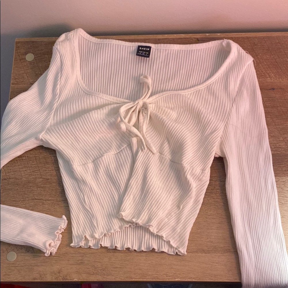 SHEIN Cream Ribbed Tie Front Crop Top